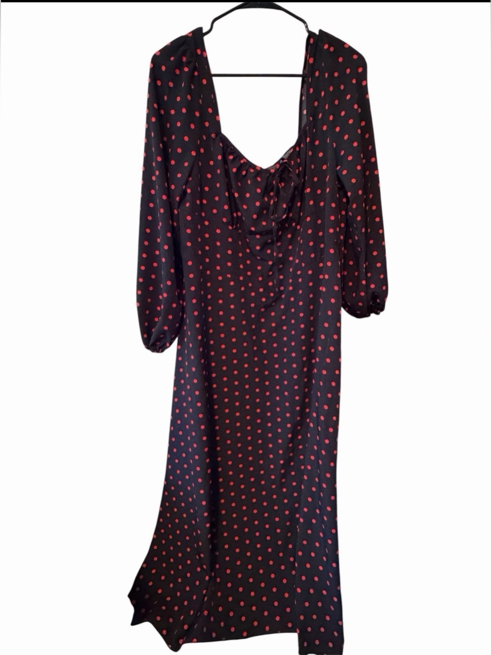 Black & Red Polka Dot Midi Dress | Puff Sleeve | Square Neck | Vintage Style